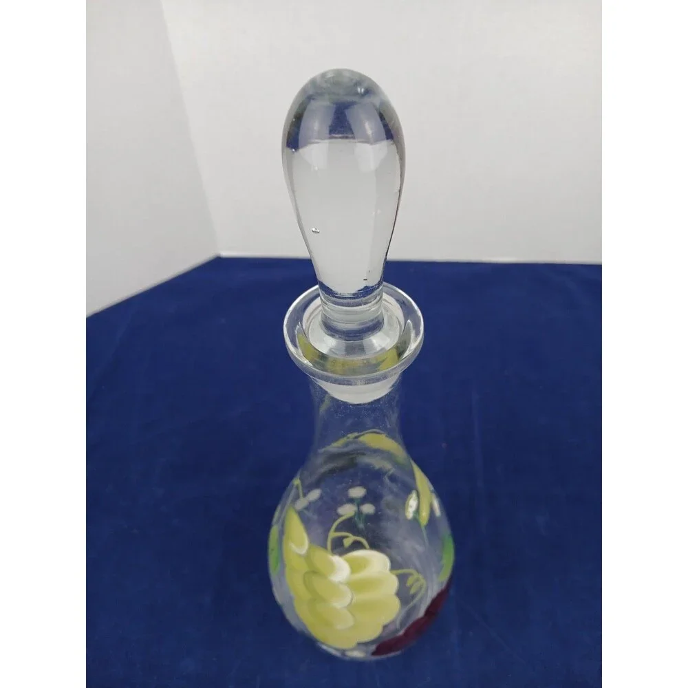 Vintage Hand Painted Glass Wine Decanter Floral Abstract Barware